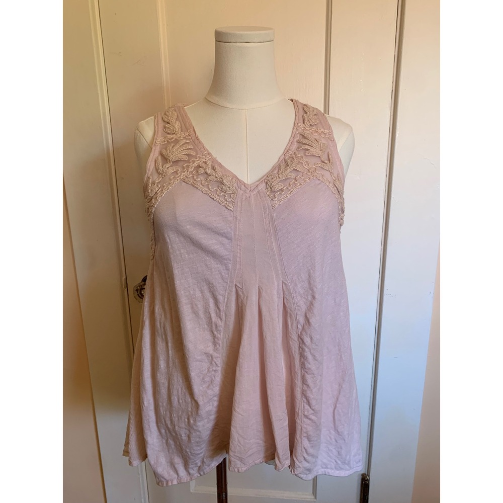 Meadow Rue Anthropologie Pale Pink Embroidered Mesh V-Neck Tank Top Tunic S